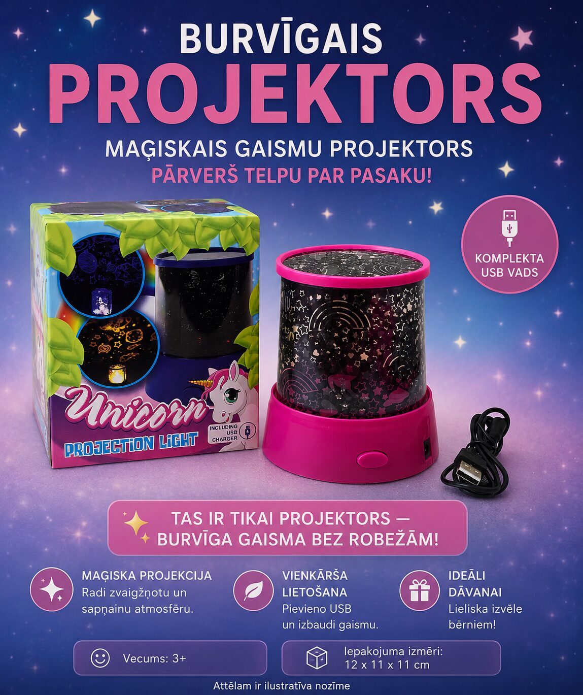Vienradžu naktslampa-projektors – burvīga zvaigžņotā debess bērnistabā