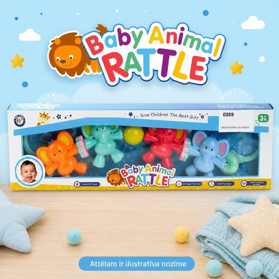 Krāsains grabulīšu komplekts ratiņiem "Baby Animal Rattle: Zilonīši" (3m+)