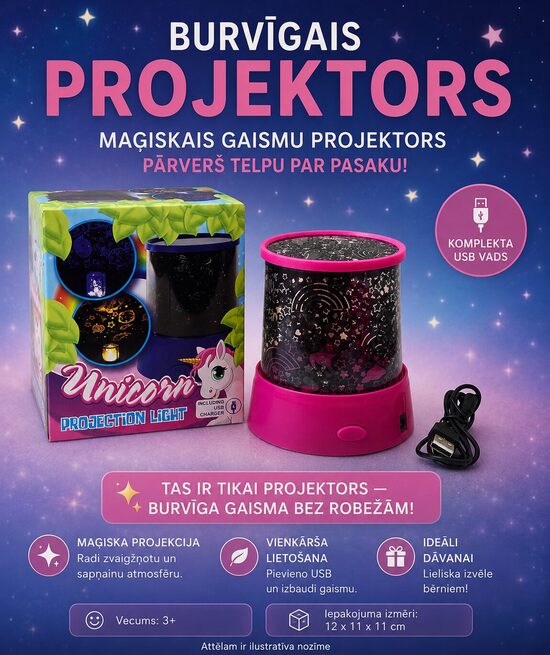 Vienradžu naktslampa-projektors – burvīga zvaigžņotā debess bērnistabā