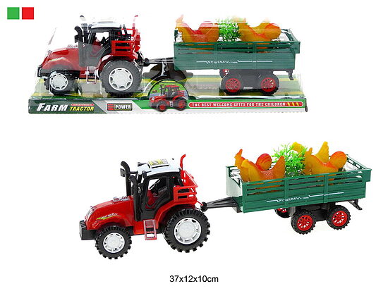 Rotaļu lauku traktors ar piekabi un vistām